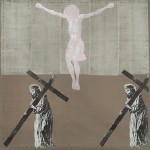 “Without Title” or “God is a Power”. 2013, edition 1, canvas, coloured woodcut, letterpress, 210 cm x 210 cm