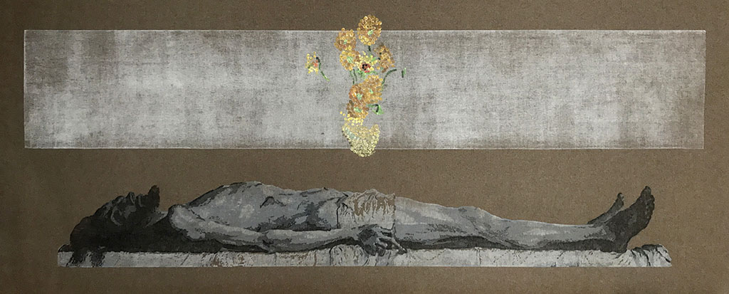 Kęstutis Vasiliūnas. "Vincent: Sunflowers". 2022, canvas, woodcut, stamps, 72 x 169 cm